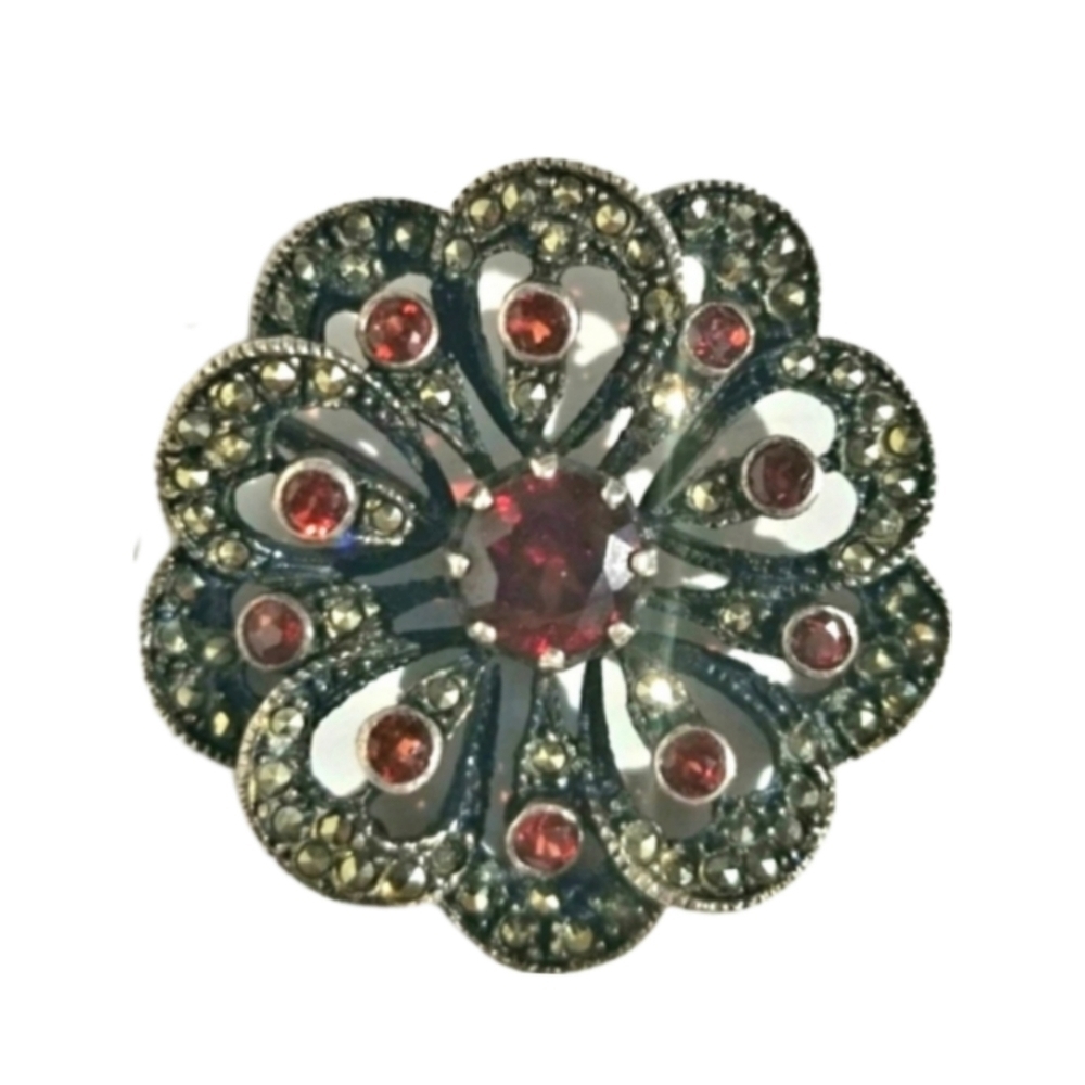 Vintage Garnet Sterling Silver Marcasite Pendant Gunmetal Jewelry Accessory